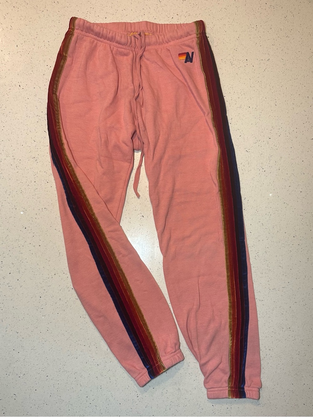 AVIATOR NATION PRE LOVED 5 STRIPE SWEATPANTS - LIGHT PINK // VELVET RAINBOW